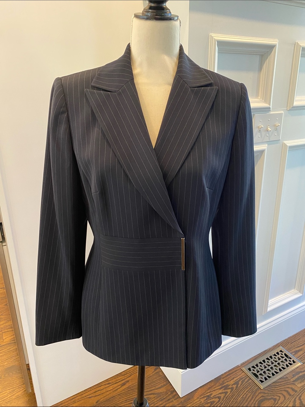 Tahari ASL Navy Pinstripe Wrap-Front Blazer
